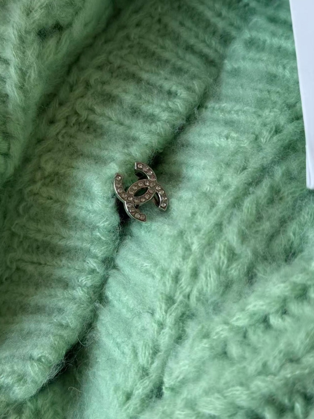 CHANEL Mint Green Mohair Blend Sweater with CC Logo Button